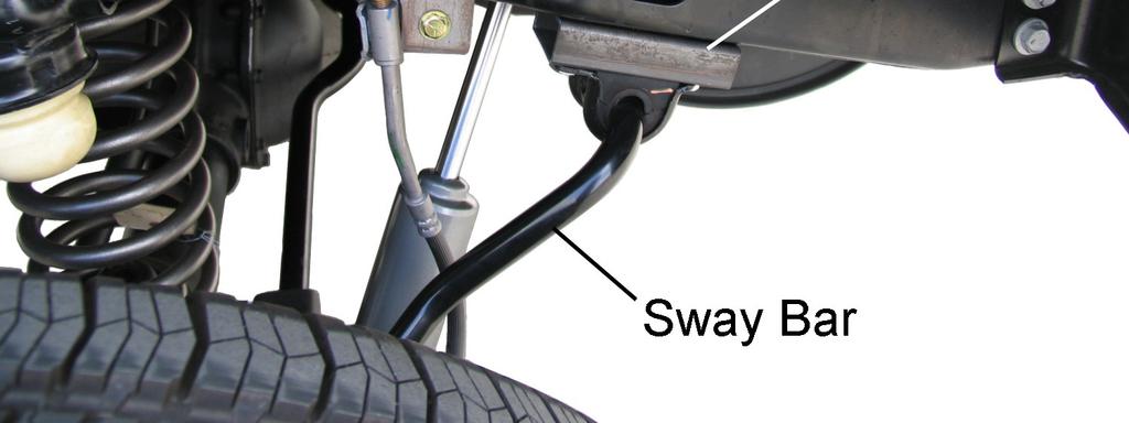 3) Attach sway bar to frame rail with the 0mm hardware from kit 860575. Tighten bolts to 35 ft lbs. ) Attach brake line bracket 76 to the frame rail with the original brake line bolt.