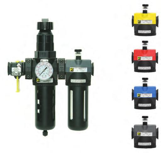 Full-Size SERIES 8 FRLs AAMVABA Models Integral Filter/Regulators Port Sizes: /8, /, / plus Lubricator Model Shown: AAMVABA6 Available Color Caps Yellow Red Blue Grey (standard) SPECIFICATIONS