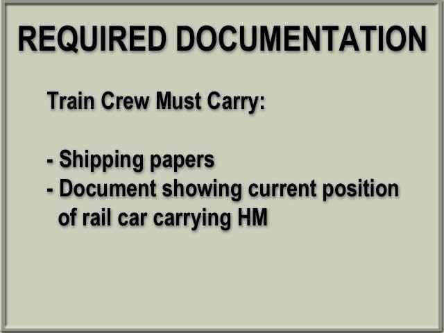 27 In addition to shipping papers, a train crew must also carry a document showing the current position in a train of each rail car containing a hazardous material.