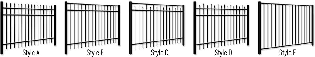 Industrial Aluminum Fencing, Posts & Hardware Pricing Fence Sections - 72 Width 1 1/2 x 1 1/2 Rails 1 x 1 Pickets Black, Bronze or 72 and 96 Widths Panel Height Styles A, B, C & D 3 Rail 72 / 96