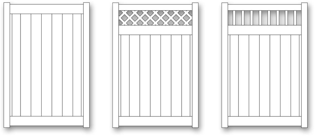 Vinyl Privacy Single Gates Pricing Style 1A Style 1B Style 1C Vinyl Single Privacy Gates - Joints Are Joined Using High Strength Adhesive & Rivets Custom Gates: $10.00 Per Sq. Ft. Add $25.