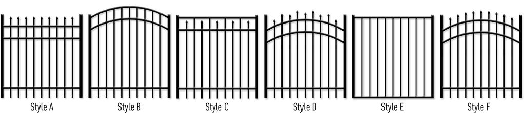 Residential Aluminum Single Gates Pricing Straight Top Styles A, B, C & D Add $25.00 For Arched Top and Style F Gates Add $25.00 For Sloped Gates / Subtract $10.
