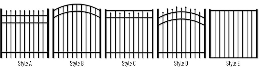 Commercial Aluminum Single Gates Pricing Straight Top Styles A, B, C & D Add $50.00 For Arched Top Gates Add $25.00 For Sloped Gates Subtract $15.00 For Style E, 2 Rail Add $15.