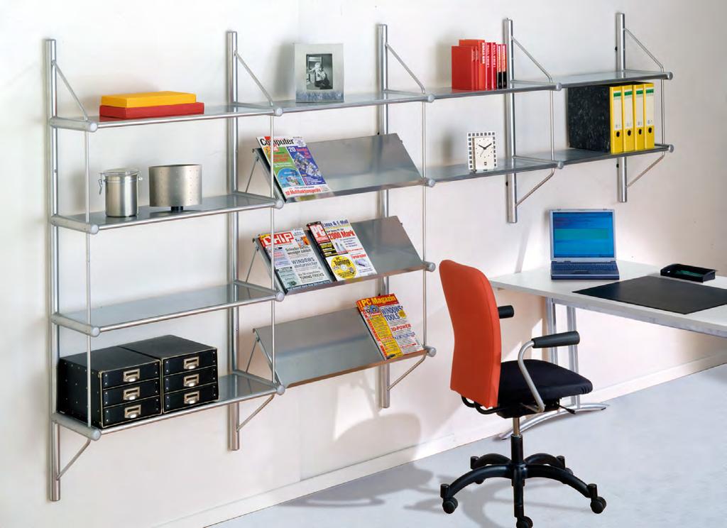 The shelves are either perforated or have a smooth steel finish.