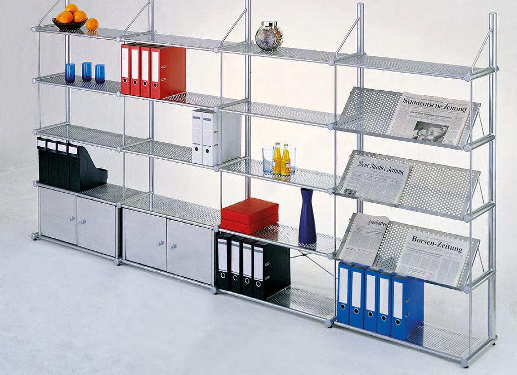 For the presentation of brochures/literatures there are sloped shelves available with a 40 mm bottom edge. An optional cabinet is also available.