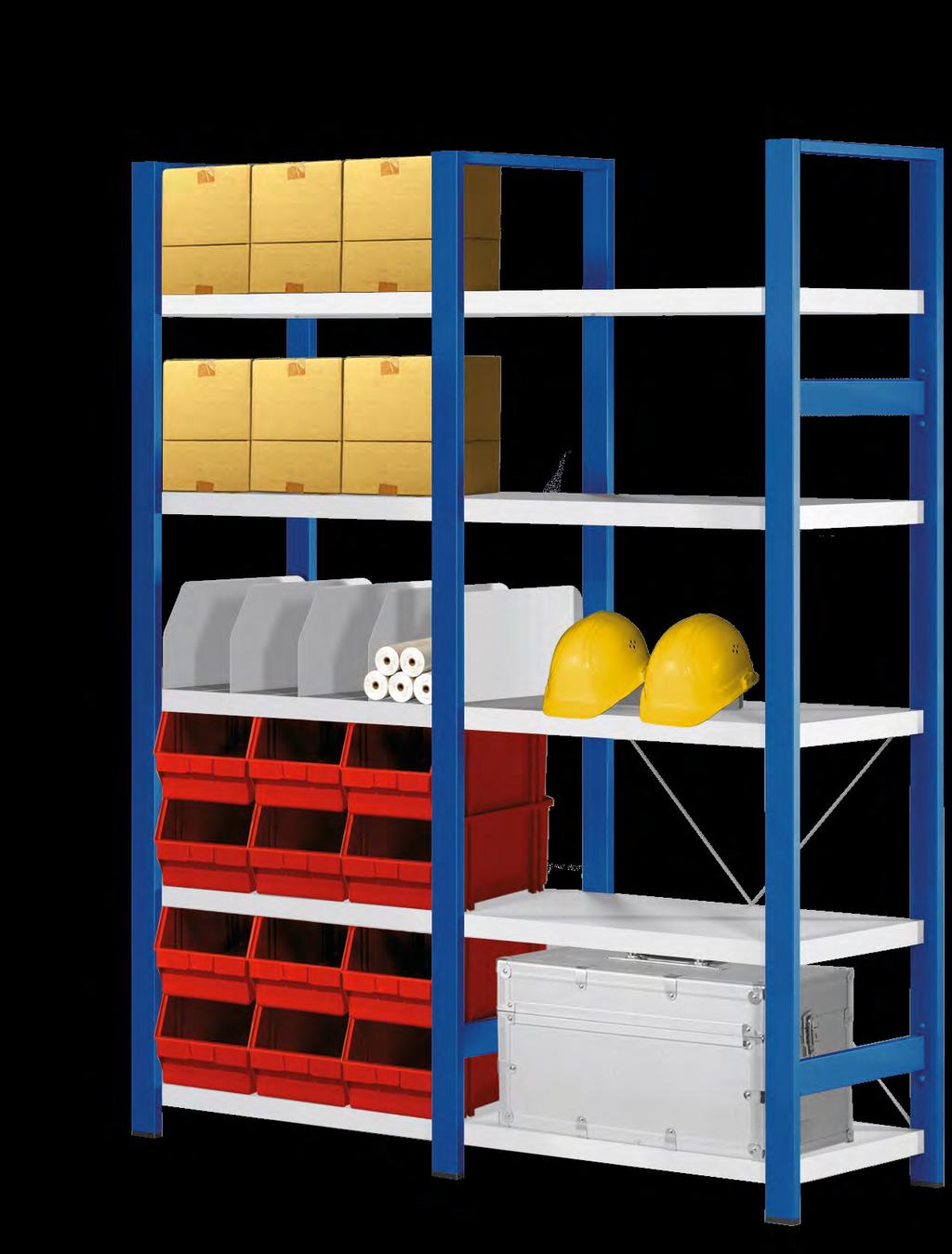 Storage shelving Status Upright supports in blue or alusilver powder coated Storage shelving Status A highly stable and sturdy shelving system. Each single unit has a load capacity of 750 kg.