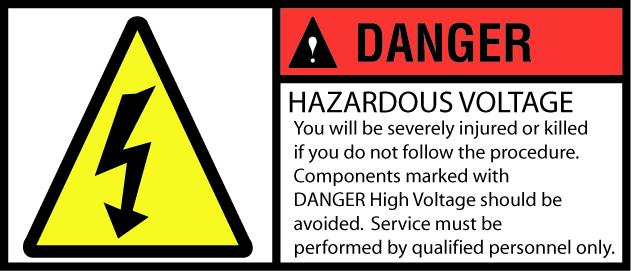 Each high-voltage component is clearly tagged with a warning or danger
