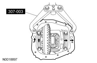 Always install the differential bearing caps in their original locations and positions or damage to the component may occur. Remove the 4 bolts and the 2 differential bearing caps. 6.