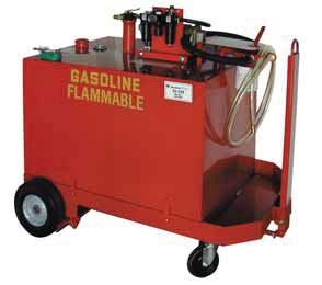 welded steel, enamel finish Gas gauge Filtration protected Pumps up to 10 gallons per minute Includes two large wheels with two casters with brakes Flammable, Gasoline, Diesel, Unleaded, and E85