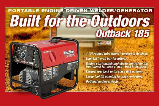 Outback 185 Built For The Outdoors! Great for service trucks, fence contractors, maintenance crews, farmers, ranchers and anyone who needs portable DC stick welding and AC generator power!