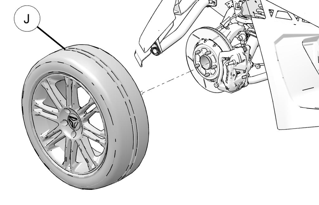 3. Carefully remove driver side front wheel (J) from wheel mounting bolts and set aside. 5.