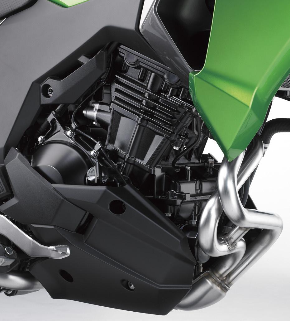 ENGINE The Versys-X 300 uses the Ninja 300 engine as a base, with intake and exhaust tuning tweaks that provide better low and mid-range power characteristics more suitable to an adventure bike while