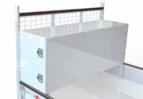 Aluminium 3 mm thick und steel 2 mm thick Safety 2 doors with rubber seal and integrated locks Doorway 520 mm Gas pressure spring Finish Load securing Fixation for shelves Including subframe