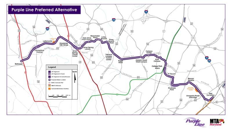 New Transit Starts: Maryland National Capital Purple Line Bethesda in Montgomery County to New Carrollton in Prince George s County The project is a 16-mile light rail line that runs east-west inside