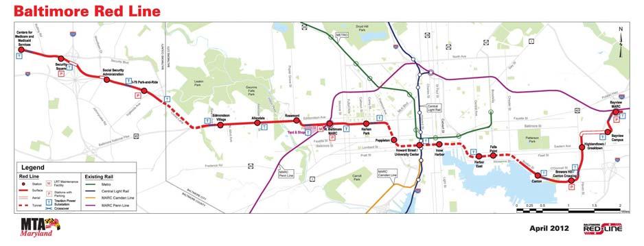 New Transit Starts: Baltimore Light Rail Red Line Baltimore County & Baltimore City The project is a 14-mile light rail line that runs east-west from Woodlawn in Baltimore County to the Bayview
