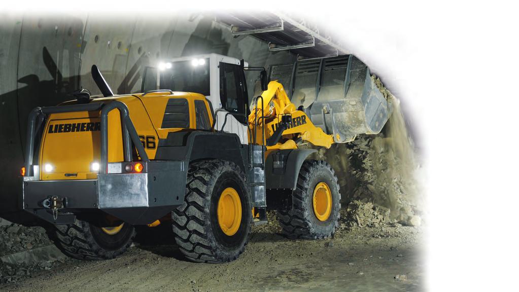 Liebherr Wheel Loaders for Tunnel Applications Cab design developed specifically for tunnel construction, with laminated safety glass Four working lights on the rear side Hinged, detachable