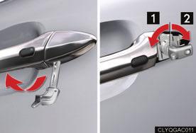 If the electronic key battery becomes discharged Unlocking and locking the doors To unlock or lock the vehicle, use the mechanical key to remove the lock cover on the driver's door handle.