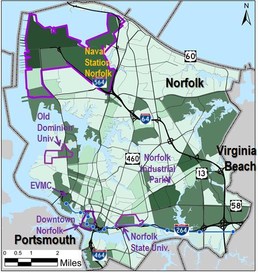 Employment by Transportation Analysis Zone (TAZ) Naval Station Legend Norfolk is Hampton Roads Region s largest employer C or with better PM Level of Service D approximately 60-70,000 E jobs F Legend