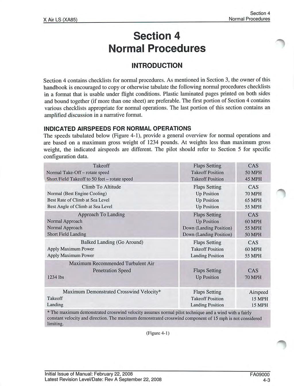 X Air LS (XA85) Section 4 Normal Procedures Section 4 Normal Procedures INTRODUCTION Section 4 contains checklists for normal procedures.