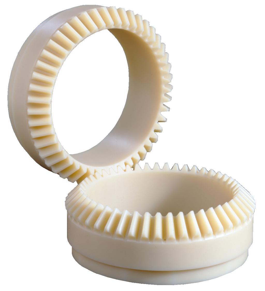 To compensate for growth from moisture absorption or thermal expansion, conventional plastic gears require a substantial undercut, which in turn introduces some positioning slop.