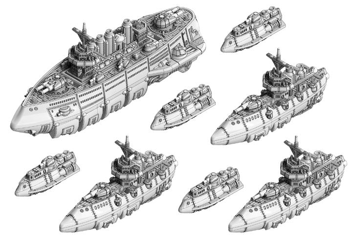 Republique of France DWRF42 - Skimmer Flotilla 1 x Mk I Magenta Class Pocket Battleship 3 x Marseille Class Cruisers 4 x Alma Class Frigates 8 x Acrylic Flight Stands No other nation has adopted