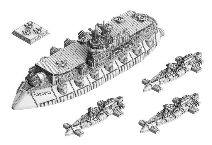 Republique of France DWRF43 - Support Flotilla x6 1 x Couronne Class Battle Carrier 3 x Epaulard Class Submarines (PLUS 3 x Submerged Tokens) Epaulard Class Submarines are supplied on a Scenic Base 6