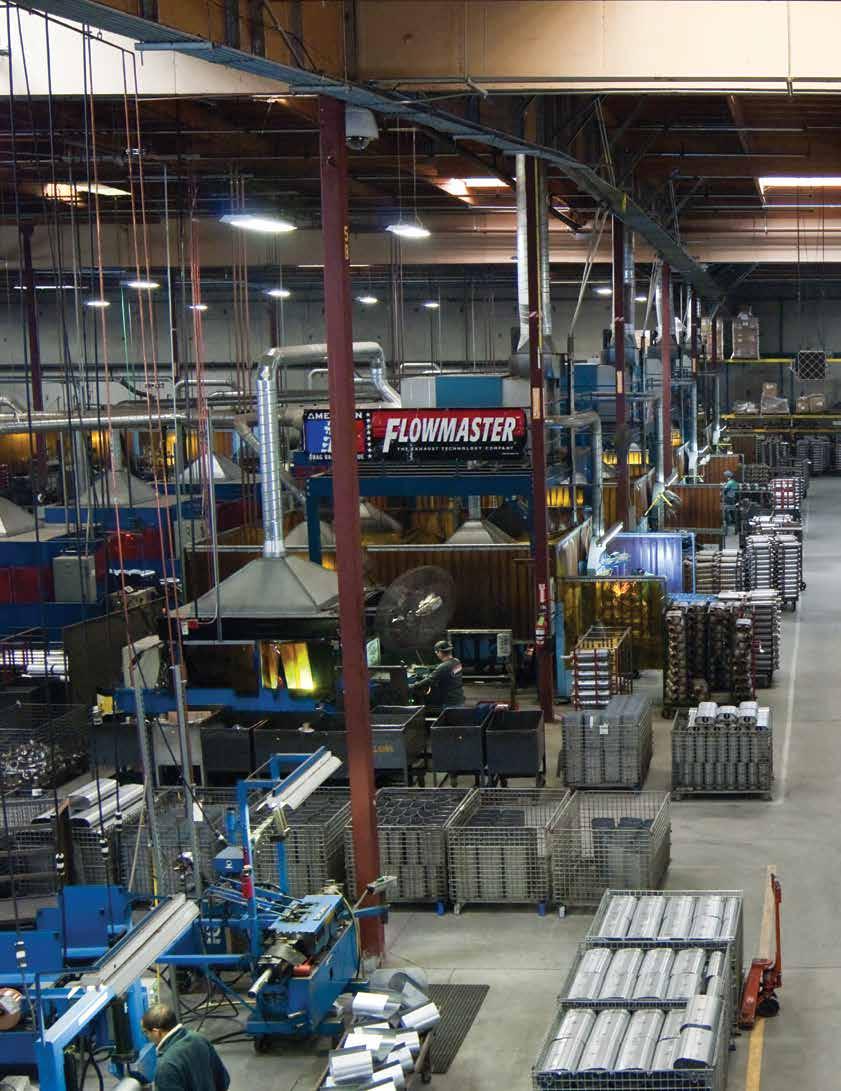 FLOWMASTER MANUFACTURING Shown in a rare quiet moment, Flowmaster s state-of-the-art manufacturing plant in Northern California features many self-designed tools and high-tech robotics to build the