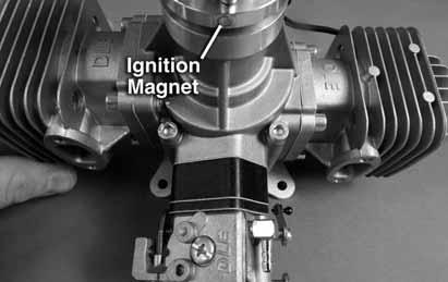 3. Next, set the engine at the beginning of the compression stroke. Note the position of the ignition magnet. 4. Place the propeller on the crankshaft at the one o clock position.