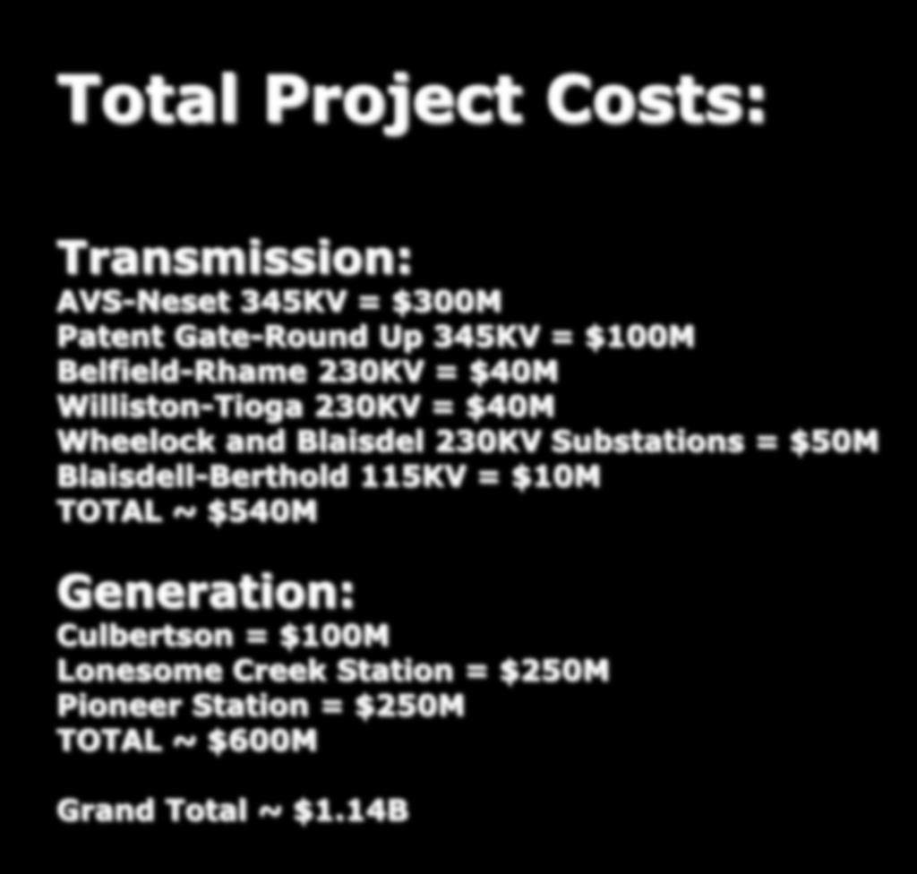 Total Project Costs: Transmission: AVS-Neset 345KV = $300M Patent ate-round Up 345KV = $100M Belfield-Rhame 230KV = $40M Williston-Tioga 230KV = $40M Wheelock and Blaisdel 230KV