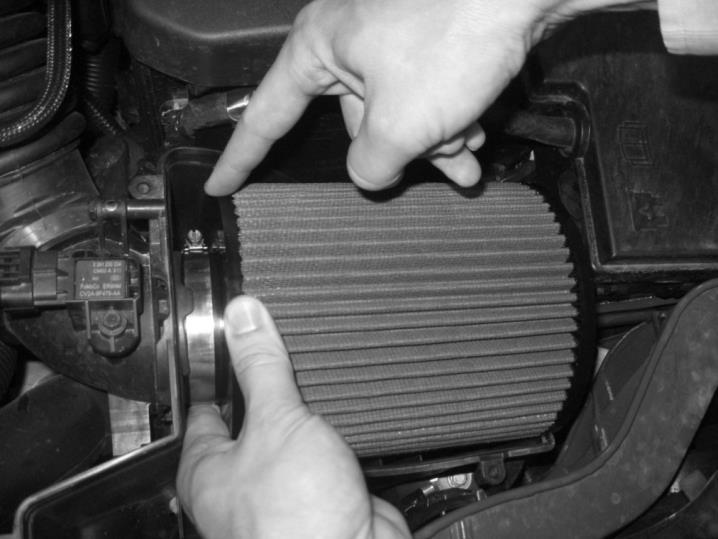 Install the ROUSH Premium Air Filter (1213-9601) by placing it into the Air Box and pushing it onto the MAP/MAF Tube.