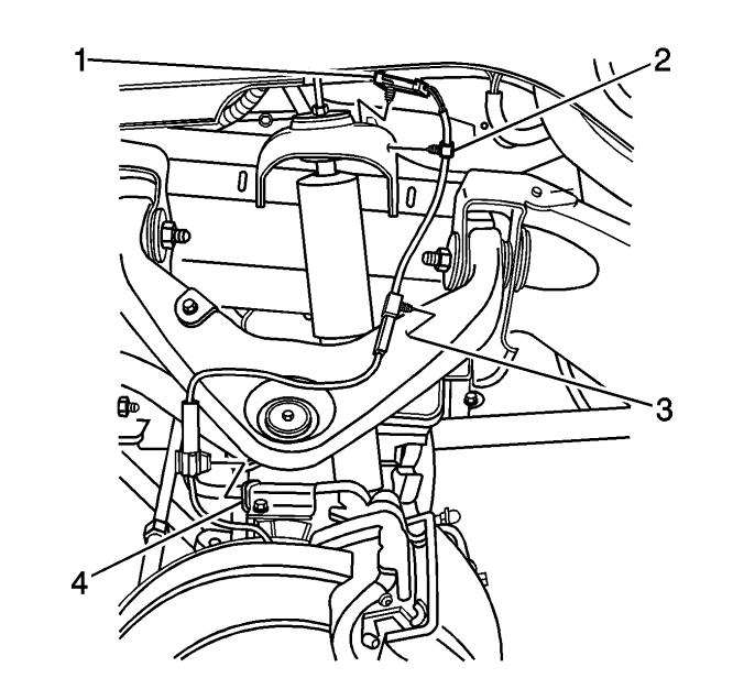 17. 18. Remove the wheel speed harness mounting clips from the knuckle (4) upper control arm (3) and frame (2). 19.