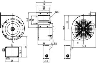 CMPE CMPE Centrifugal single-inlet, medium-pressure fans with external rotor motor Fan: Steel sheet casing Impeller with forward-facing blades External connection box having cable input with packing