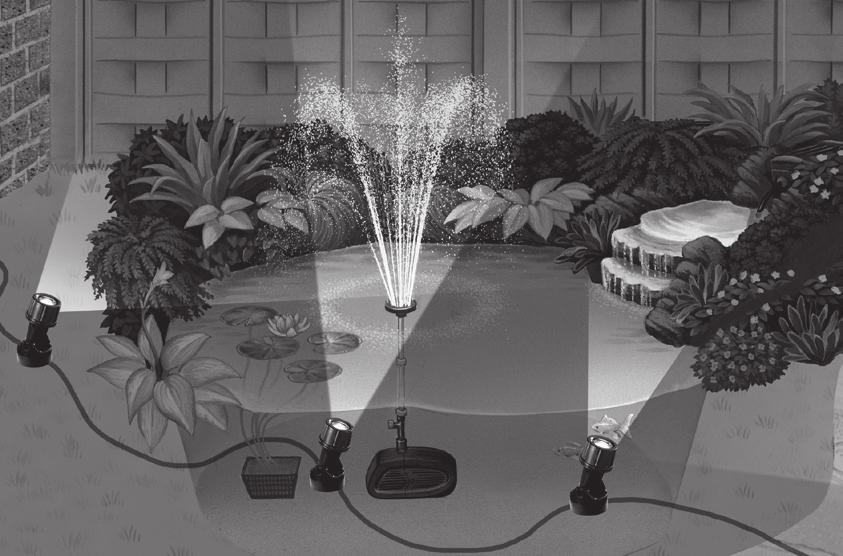 INSTALLATION Pond Light Base Weighted base enables easy positioning of each light either underwater or in a flowerbed Fountain Flower bed Waterfall Spotlight Adjustment On each LED housing