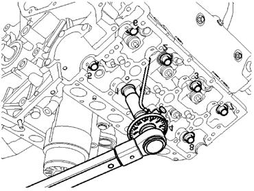 Install the cylinder head gasket (A) on the cylinder block NOTICE Be careful of the installation direction. Tightening Torque: 1st step: 58.8N.m (6.0kgf.m, 43.