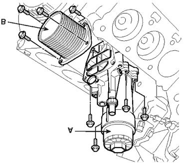Install the oil filter and cooler assembly to the cylinder block. 3.
