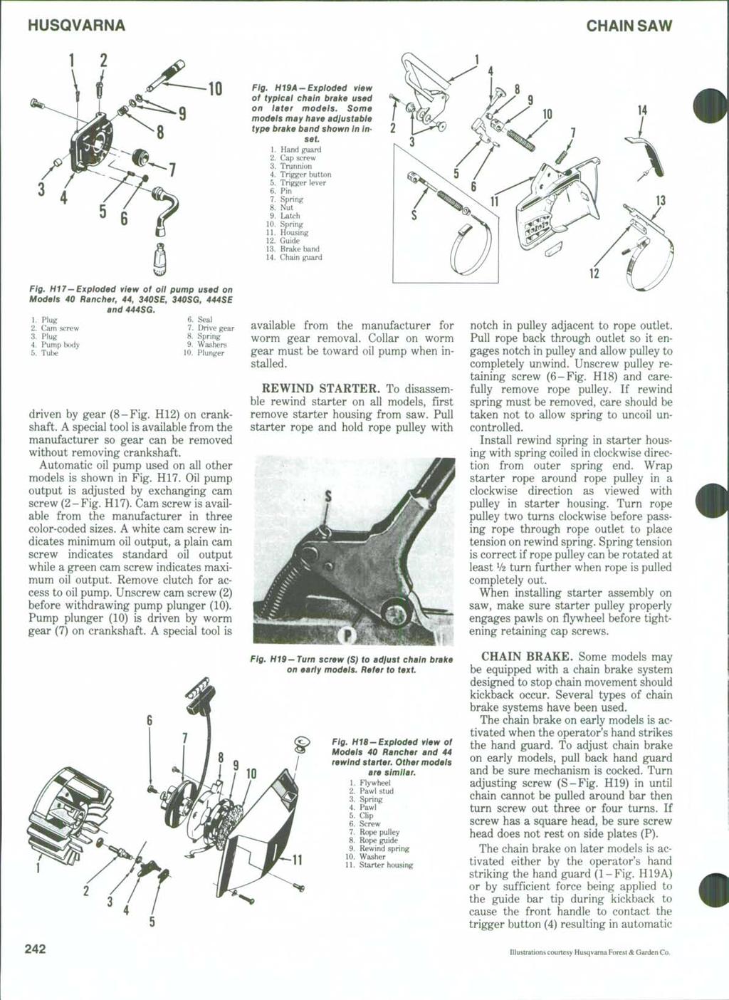 CHAIN SAW Fig. H19A-Exploded view of typical chain brake used on later models. Some models may have adjustable type brake band shown In inset. 1. Hand guard 2. Cap screw 3. Trunnion 4.