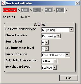 Fig. 14 Gas level indicator configuration window Basic operations include configuring the type of indicator and setting the voltage values, according to which LED diodes will be lit to indicate the