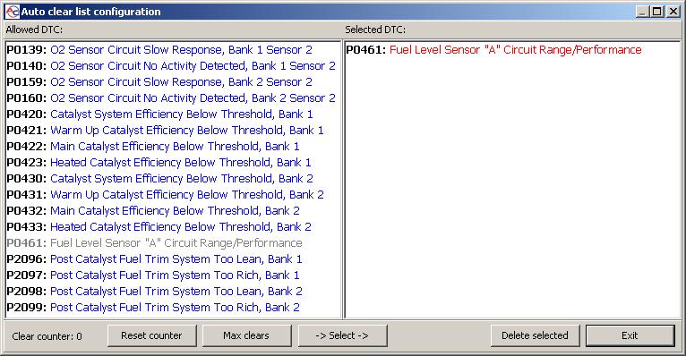 Fig. 19 The view of the OBD error clearing configuration window.