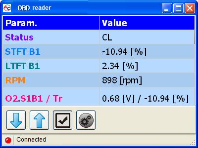 Fig. 36 OBD2/EOBD reader The reader window can display maximum 6 parameters at the same time. Navigation is realized with buttons, which are used to scroll through the parameters read via OBDII/EOBD.