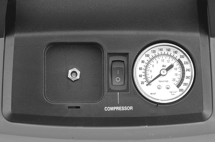 Switch the air compressor on with the rocker switch on the top of the jumpstart. The air pressure will be indicated by the gauge adjacent to the switch. Pump up the tyre to the required pressure. 3.