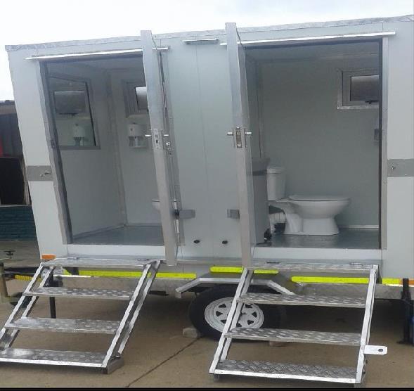 3 DOOR MOBILE TOILET 3M length X 1.5M width X 2M height, price R118 000.00 incl vat and it comes with the following: 1. Male, Female Restrooms 2. Separate room with two urinary pots 3.