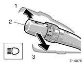 Emergency flashers High Low beams For high beams, turn the headlights on and push the lever away from you (position 1). Pull the lever toward you (position 2) for low beams.