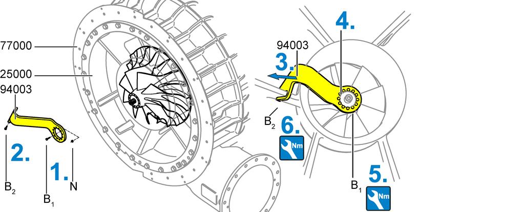9 Taking a turbocharger out of operation Page 87 / 103 Figure 52: Locking the rotor Dismantle the filter silencer (Dismantling and fitting the filter silencer [ 63]). 1. Loosen retaining nuts (N) and remove with screws (B 1 ).