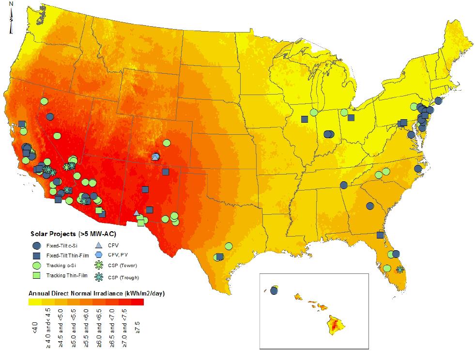 Map of Direct Normal Irradiance (DNI) and Utility-Sc