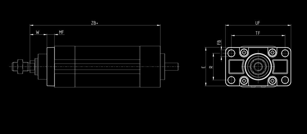 > Series 6E electromechanical cylinders C_Electrics > 207 Front flange Mod. D-E Material: aluminium x flange 4x screws + = add the stroke Mod.