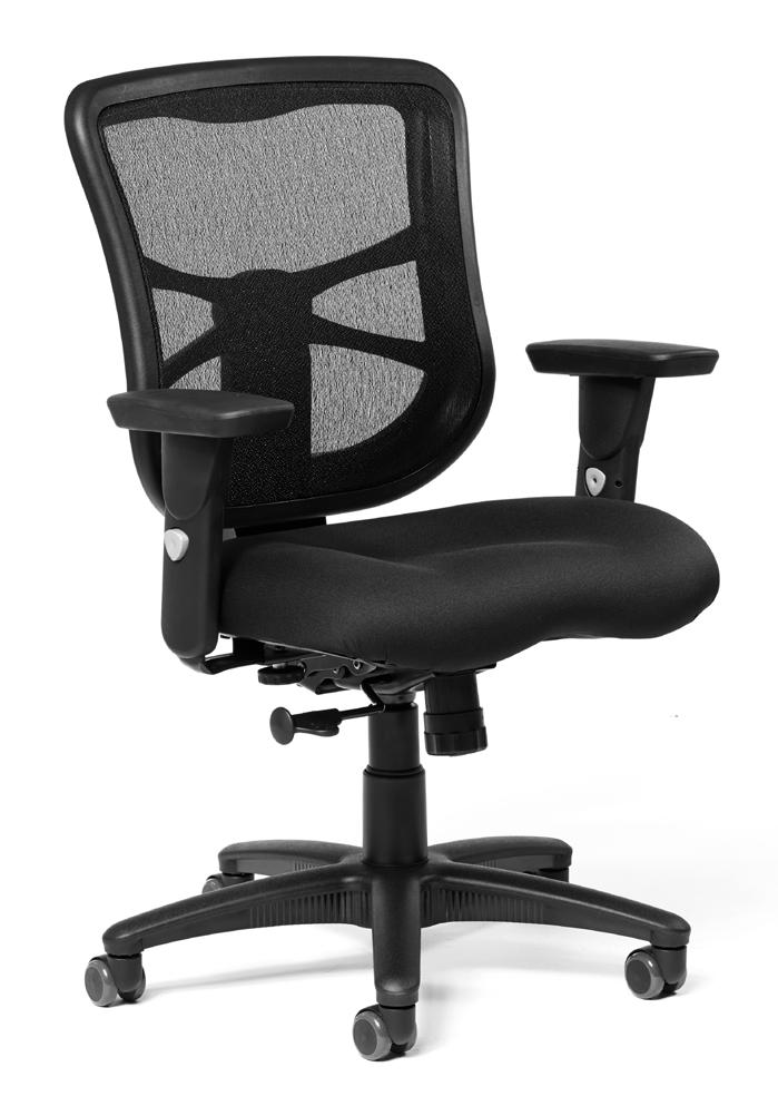 390 Milan Mid Back Simple Task Chair > Black mesh back with ratchet height adjustment > Extra thick molded foam contoured seat with (black) Camira Era: Forward upholstery > 2 to 1 synchro tilt >