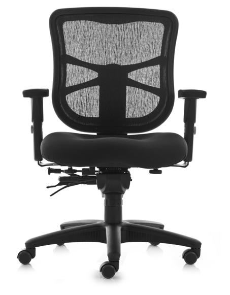 Milan Mid Back Intensive Use Task Chair 391 > Black mesh back with ratchet height adjustment > Extra thick molded foam contoured seat with (black) Camira Era: Forward upholstery > Intensive ergonomic