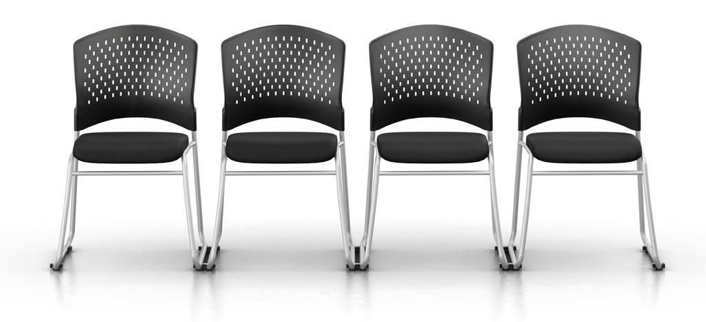 Monaco Upholstered Seat Stacking Chairs 393 > Perforated black contoured poly back > Molded foam black upholstered seat > Silver steel frame with powder coat finish > Non-marring ganging device