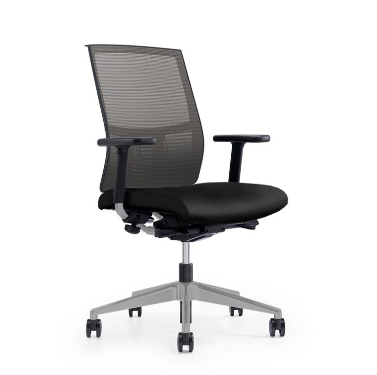 Zeppa Task Chair Protected by US patent D774,814 401 > 300 lbs capacity > Charcoal mesh back > Upholstered seat with Camira fabric in Era: Forward (Black) > 3-Paddle 2 to 1 Synchro tilt mechanism >