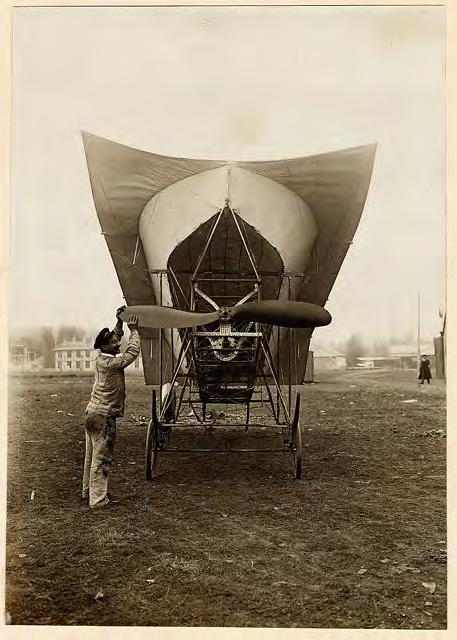 Head-on view of a Gonnel 1911 Uniplan aircraft, probably at Juvisy, France, circa March 1911. (NASM 91-1827) August Becher and Carl Wolf.